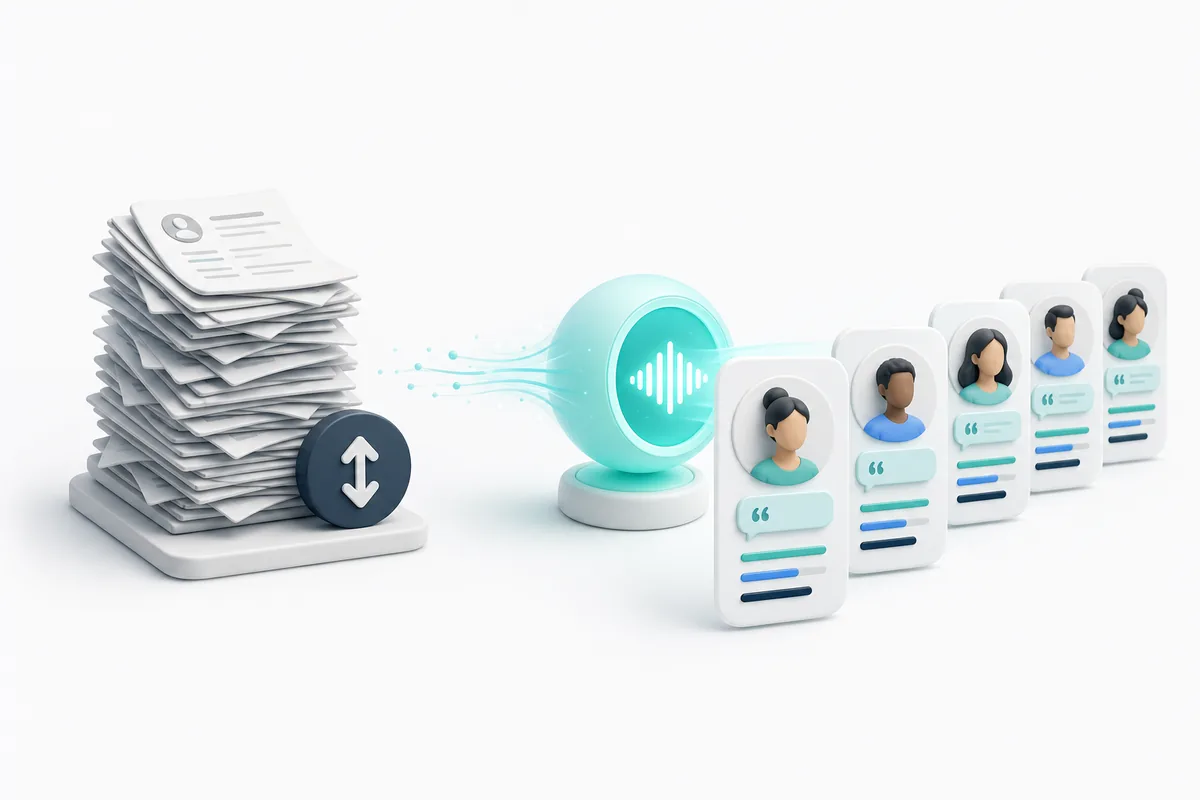 A tall stack of paper CVs beside a row of interview report cards flowing from the interviewer, shown as a glowing voice