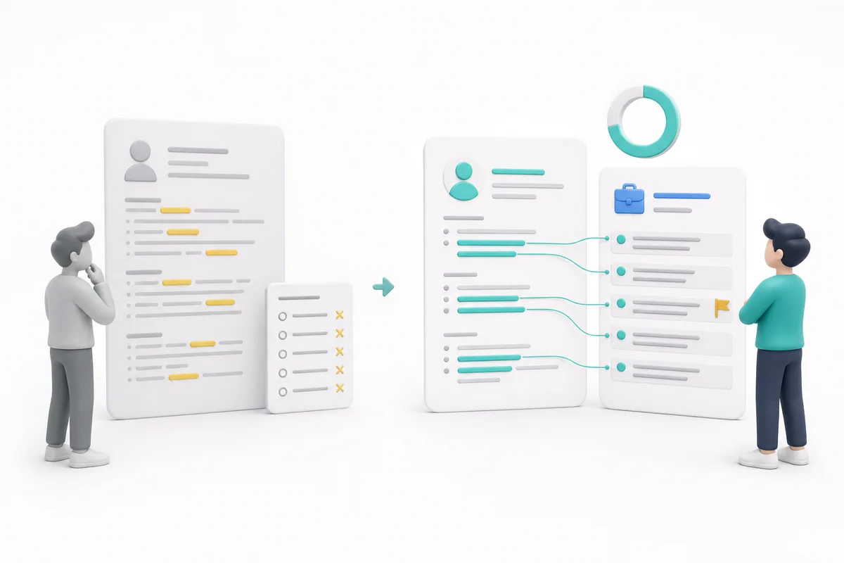 A CV covered in keyword highlights beside the same CV read line by line against a job advert