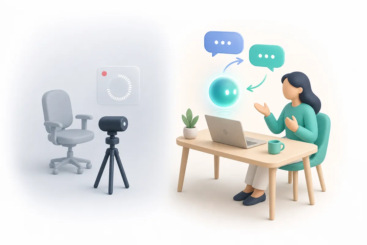 A webcam pointed at an empty chair beside a candidate talking with the interviewer, shown as a glowing voice