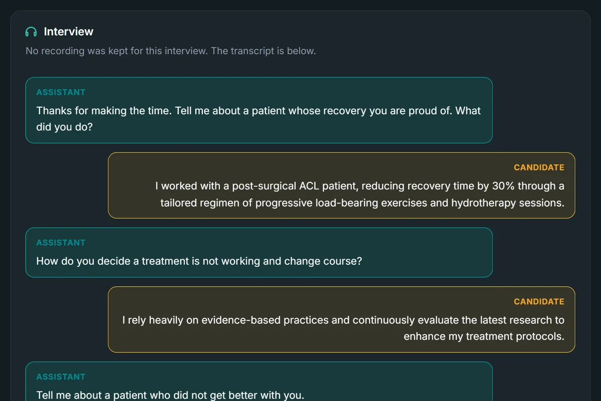 An interview transcript in Risenoow, each question with the candidate's answer