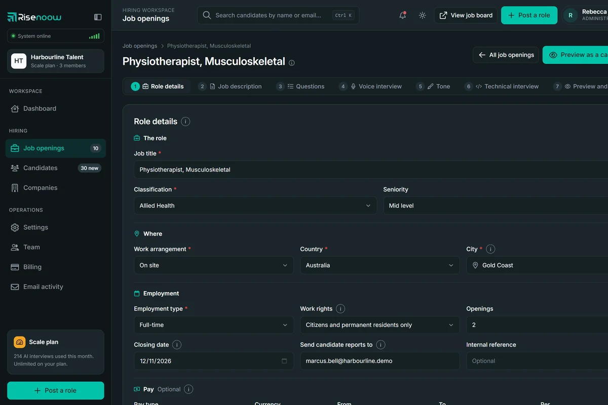 Setting up a role in Risenoow: role details, job description, questions, voice interview, tone, technical interview, preview