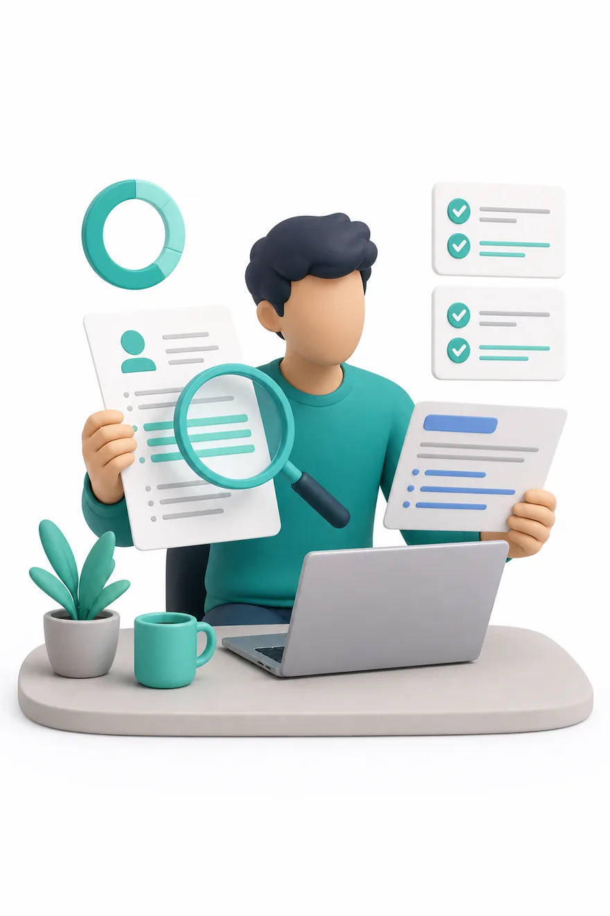 A candidate comparing his CV with a job advert, a magnifying lens over the matching lines