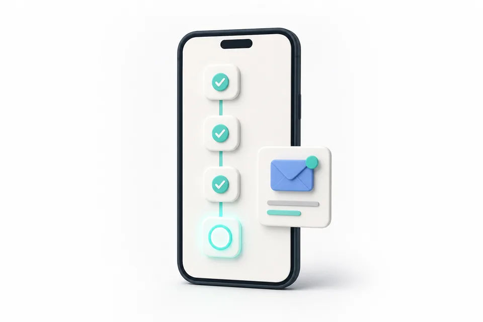 A phone showing each stage of an application with a new message