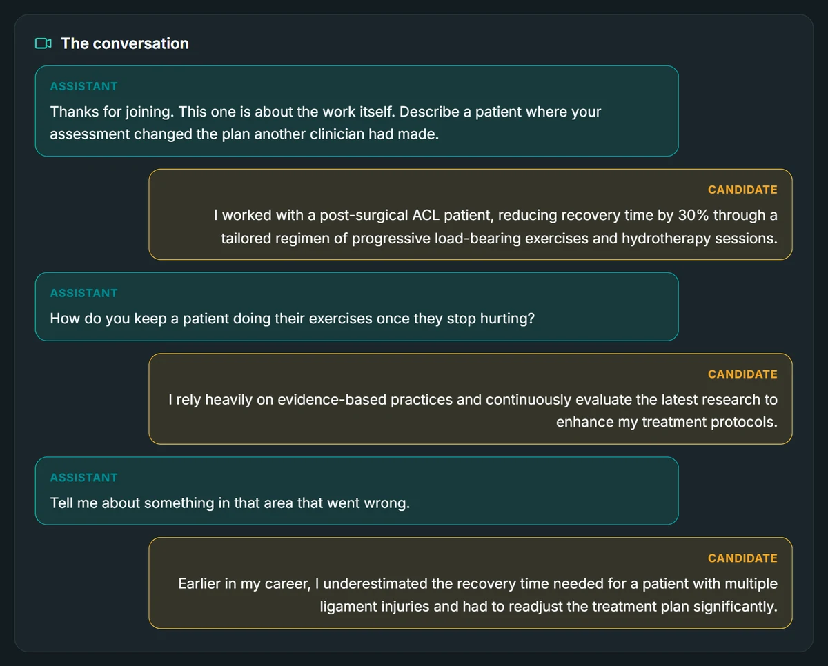 An interview conversation in Risenoow: the interviewer's questions and the candidate's answers