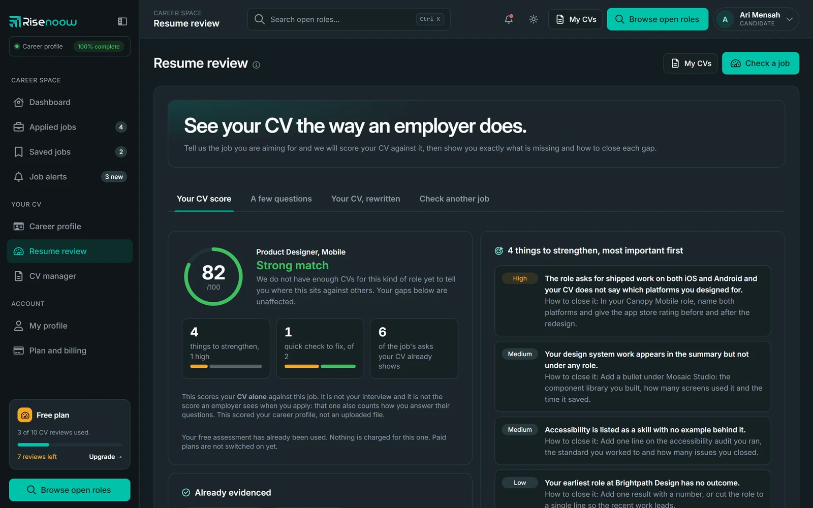 A CV review in Risenoow: 82 out of 100 for a product designer role, with four things to strengthen and how to fix each